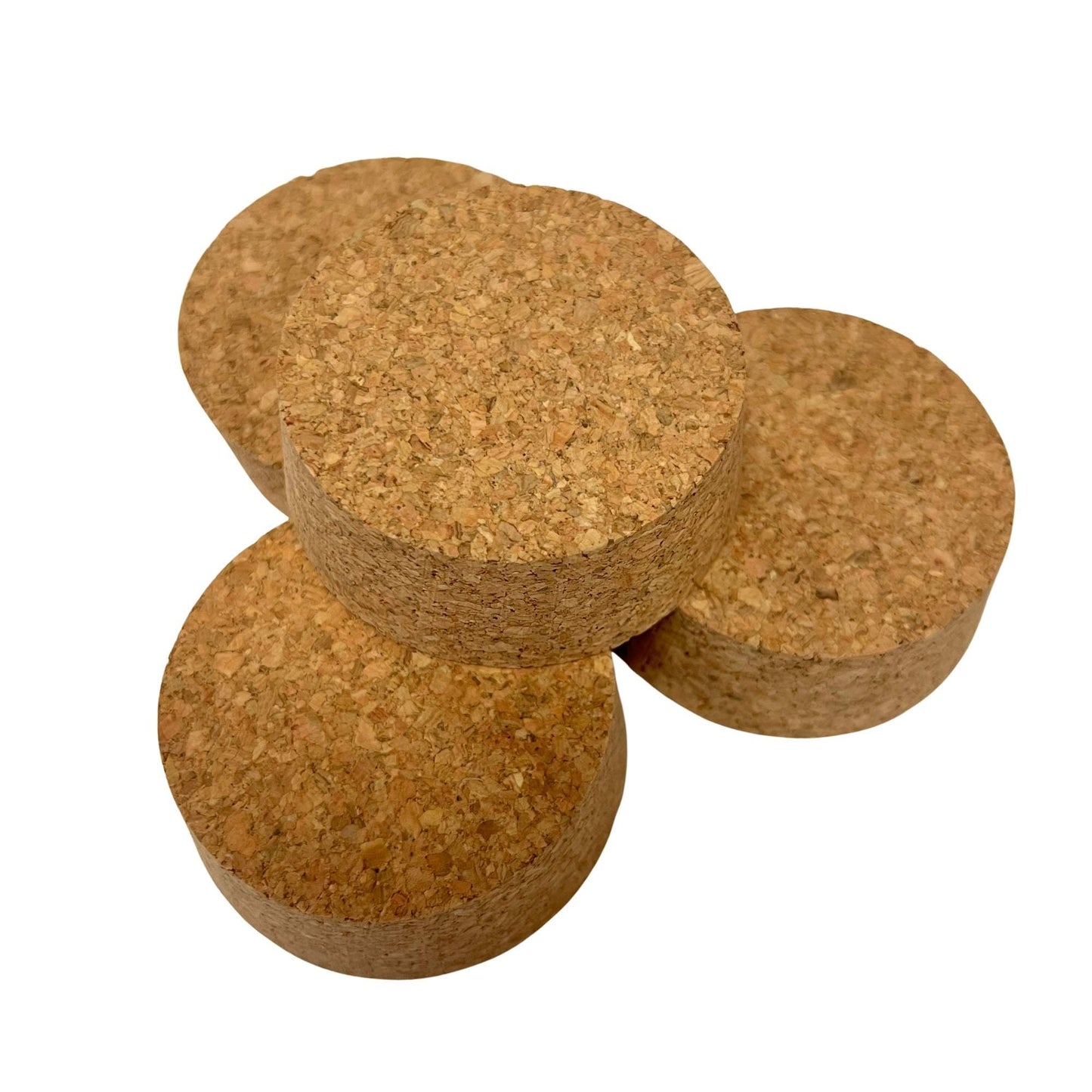 A stack of agglomerate short length tapered cork stoppers, size SL38