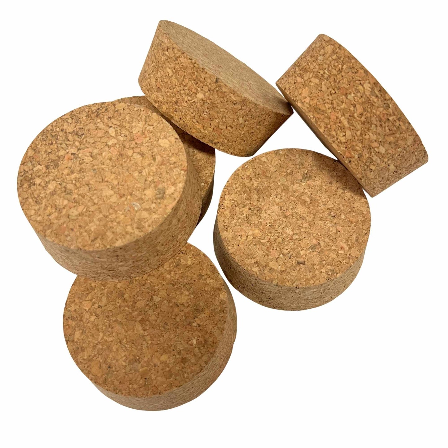 Various angled views of short-length tapered cork stoppers showing texture, size SL38