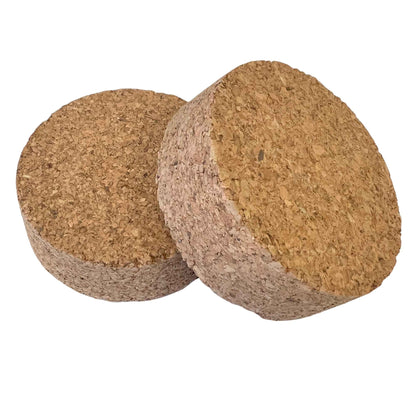 Two round cork stoppers showing the shorted length and conical shape. SL46