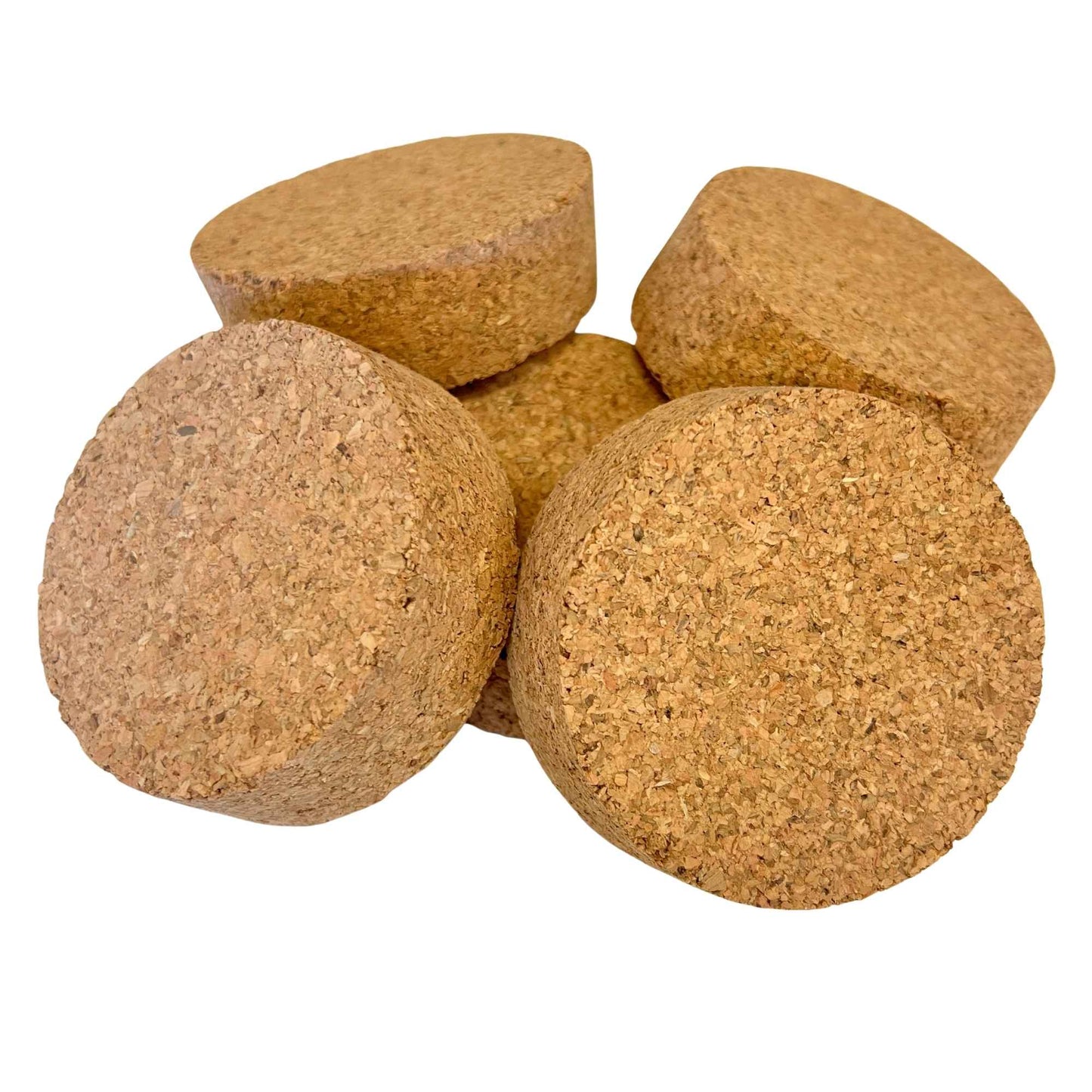 SL46 short length agglomerated tapered cork stoppers stacked showing top and bottom diameters