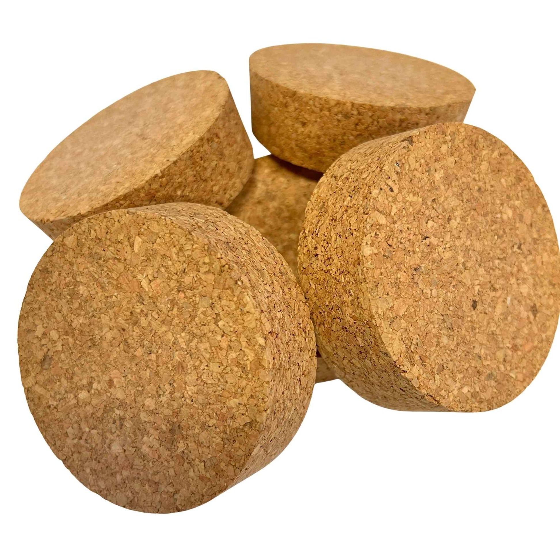 Various angled views of short-length tapered cork stoppers & bungs showing texture and shape, size SL48