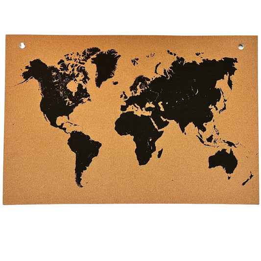 World map laser engraved on a cork board