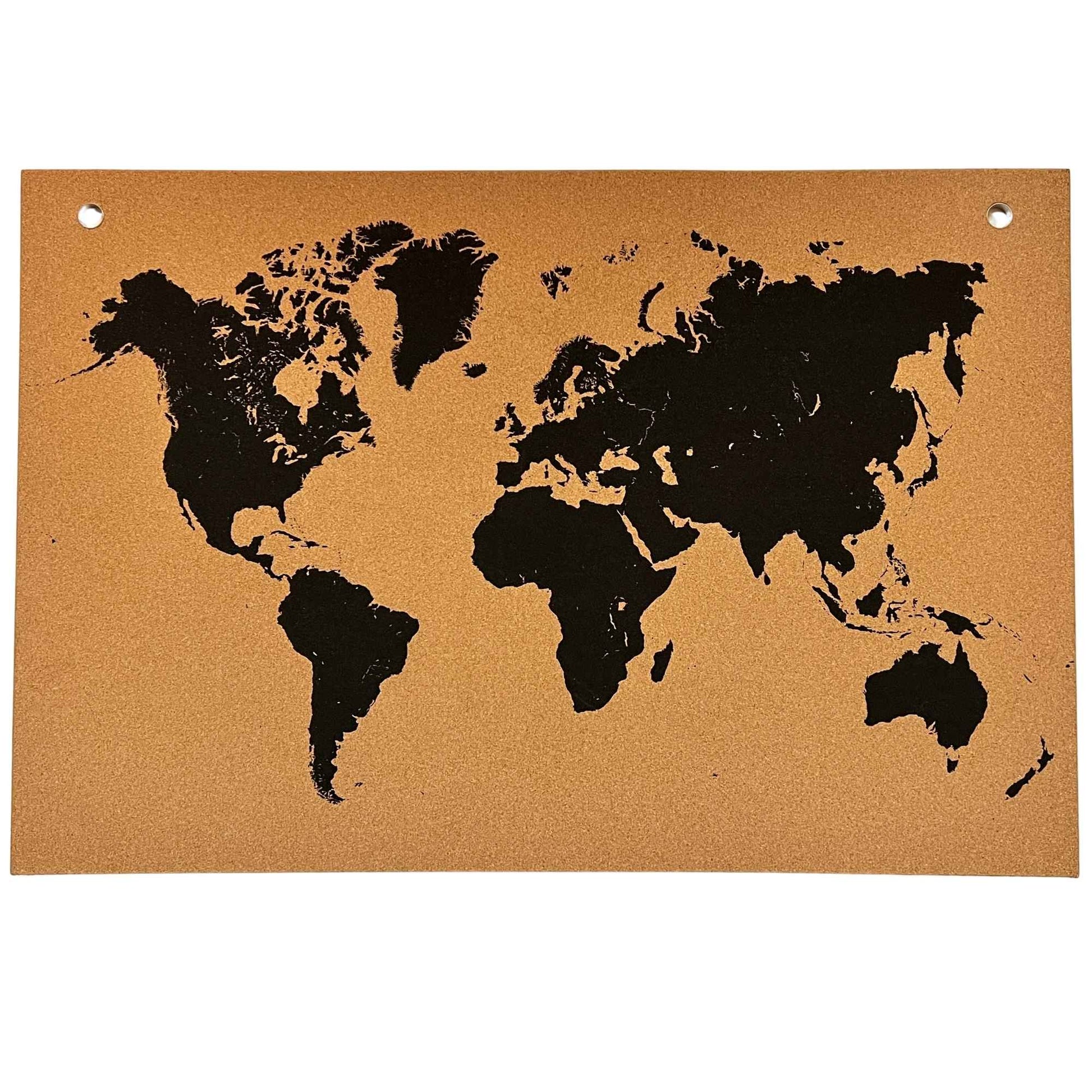 World map on a cork board with black laser engraving