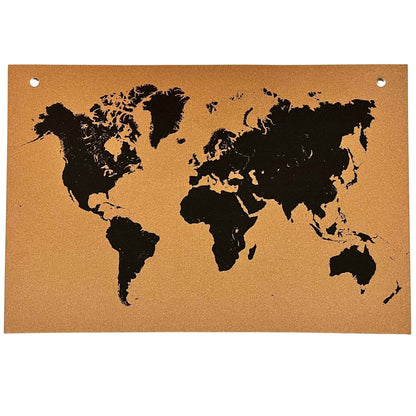 World map on a cork board with black laser engraving