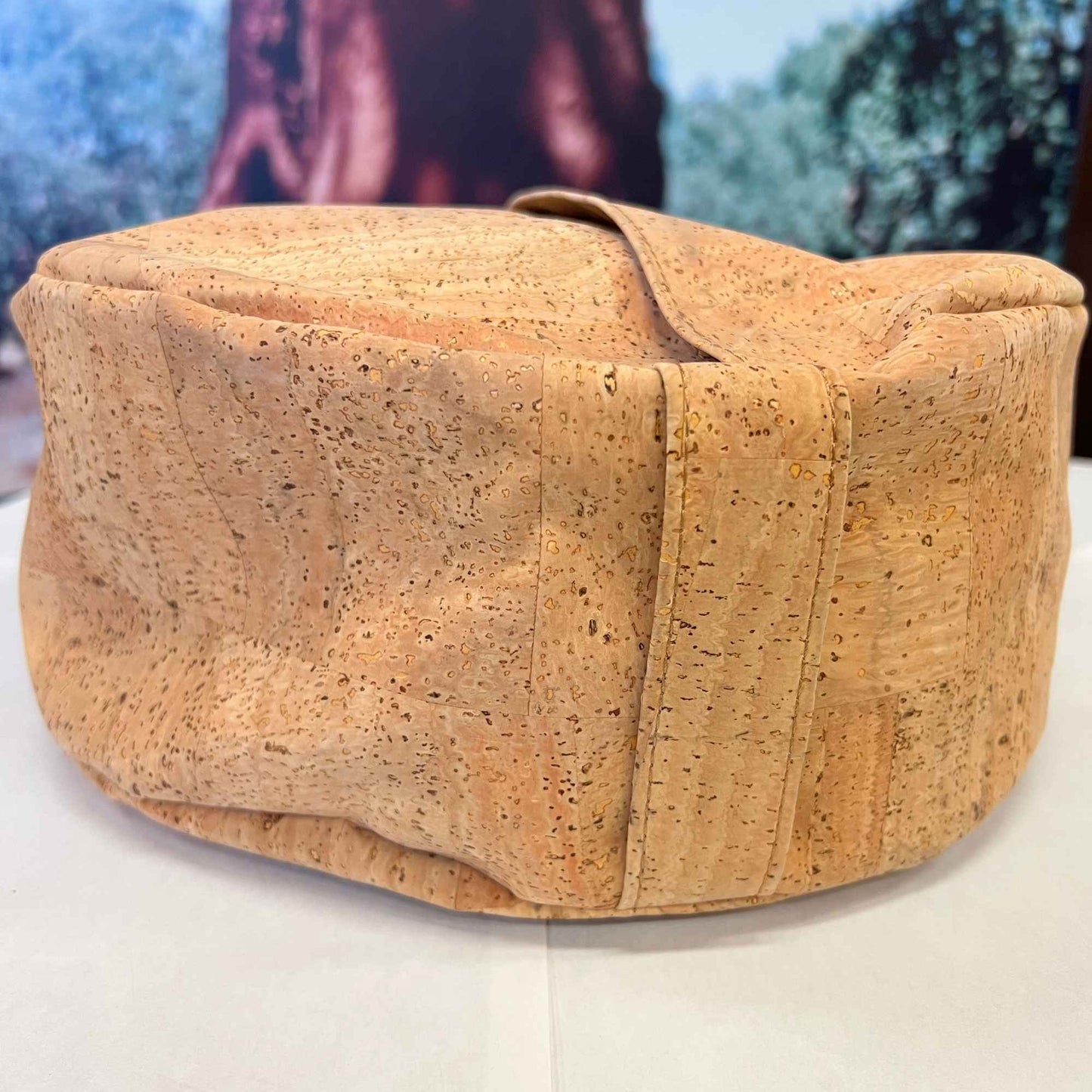 Full view of round yoga cushion made with Harmony cork fabric