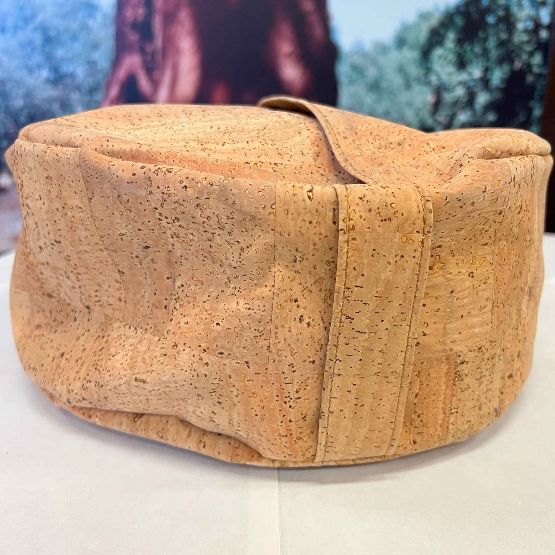 Full view of round yoga cushion made with Harmony cork fabric