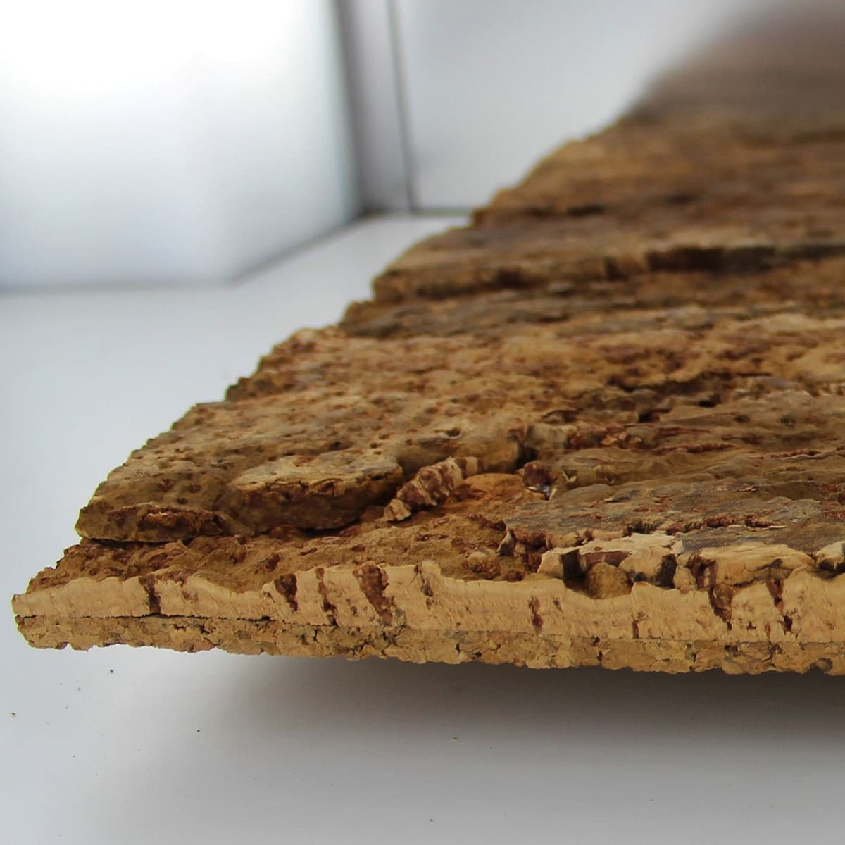 Close up angled view of Arizona cork wall tile on a white and light grey Photo Booth background 