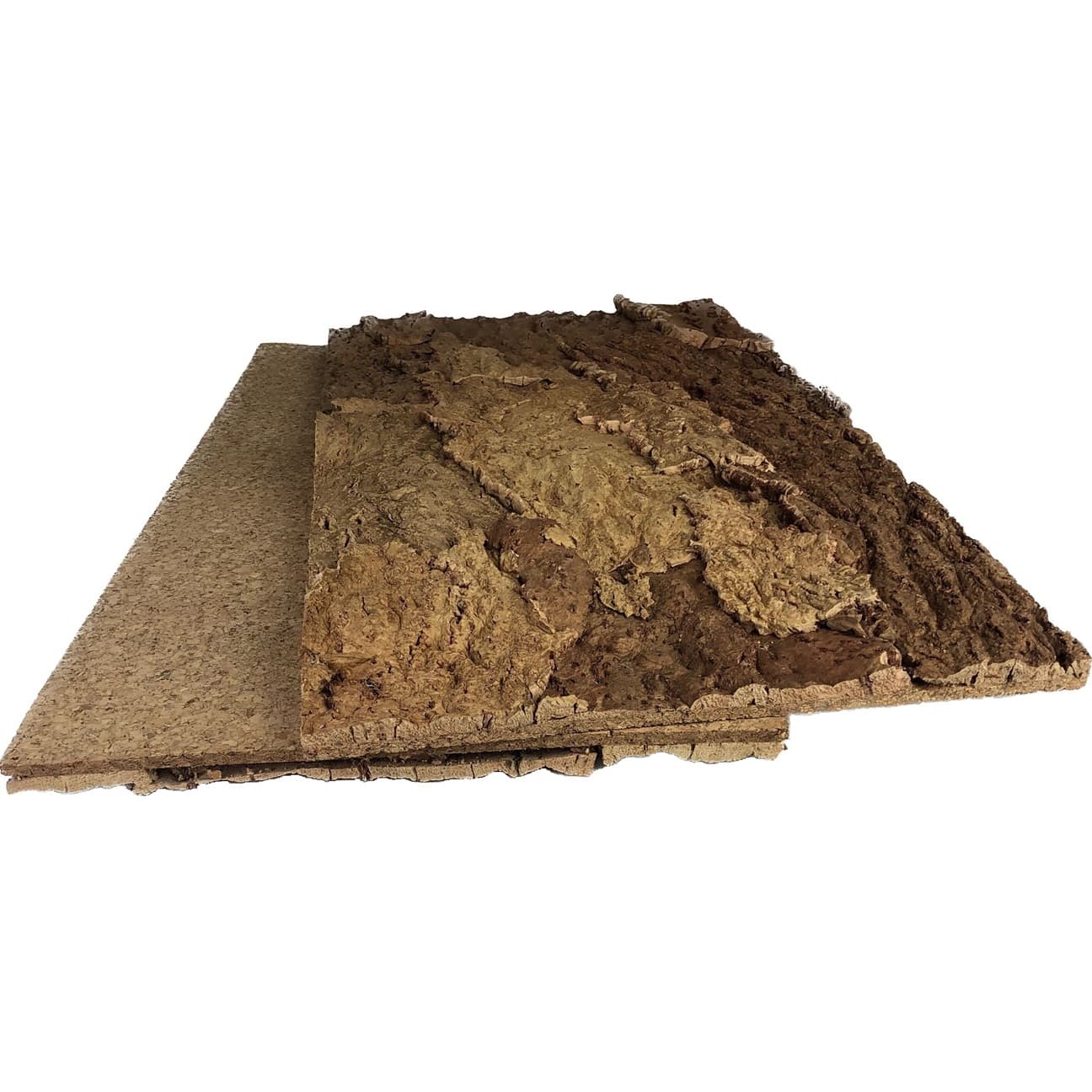 Two Arizona cork wall tiles, one showing the textured bark top, the other flipped to show the smooth back.