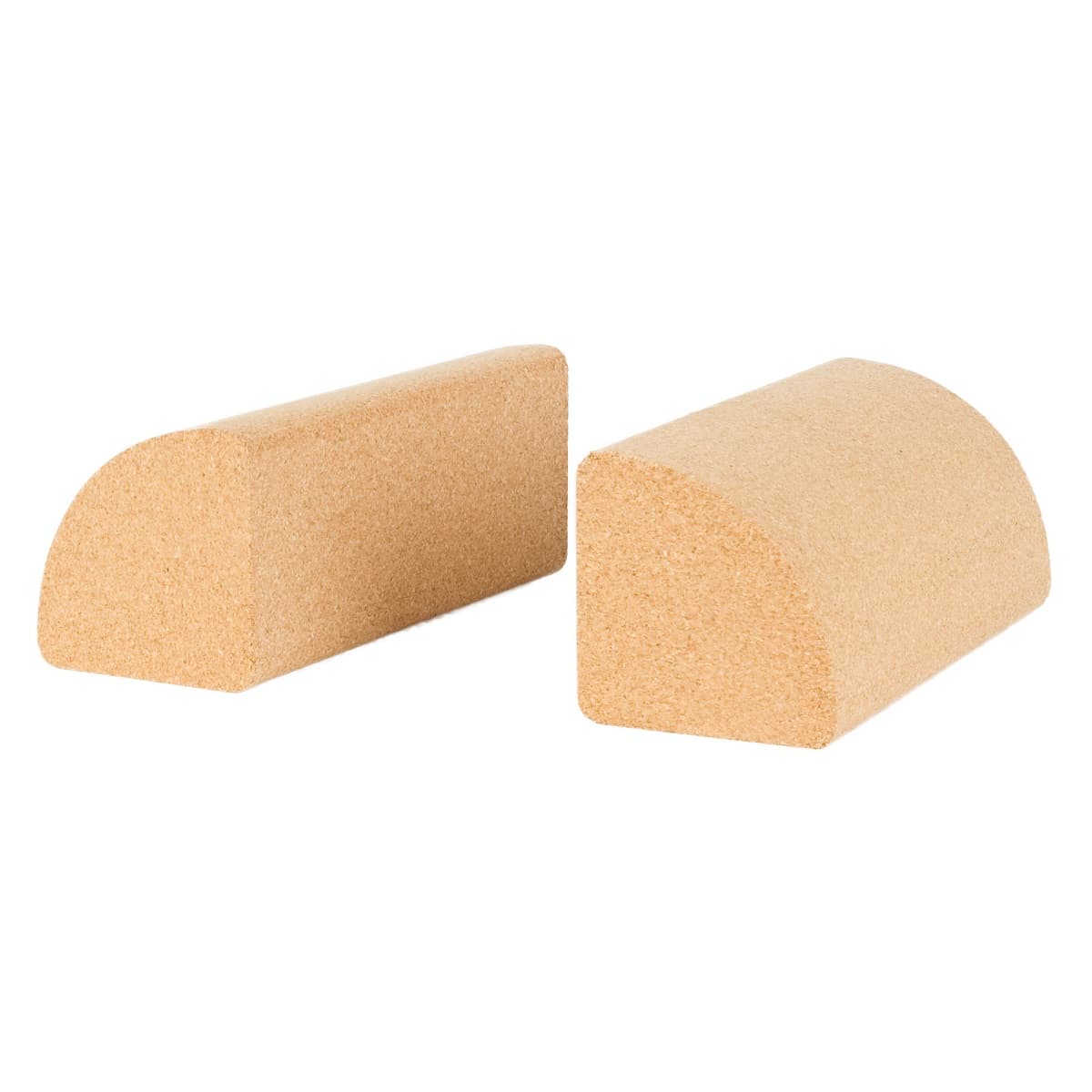 Two yoga cork quarter round blocks, side by side to show the wedge shape and all angles